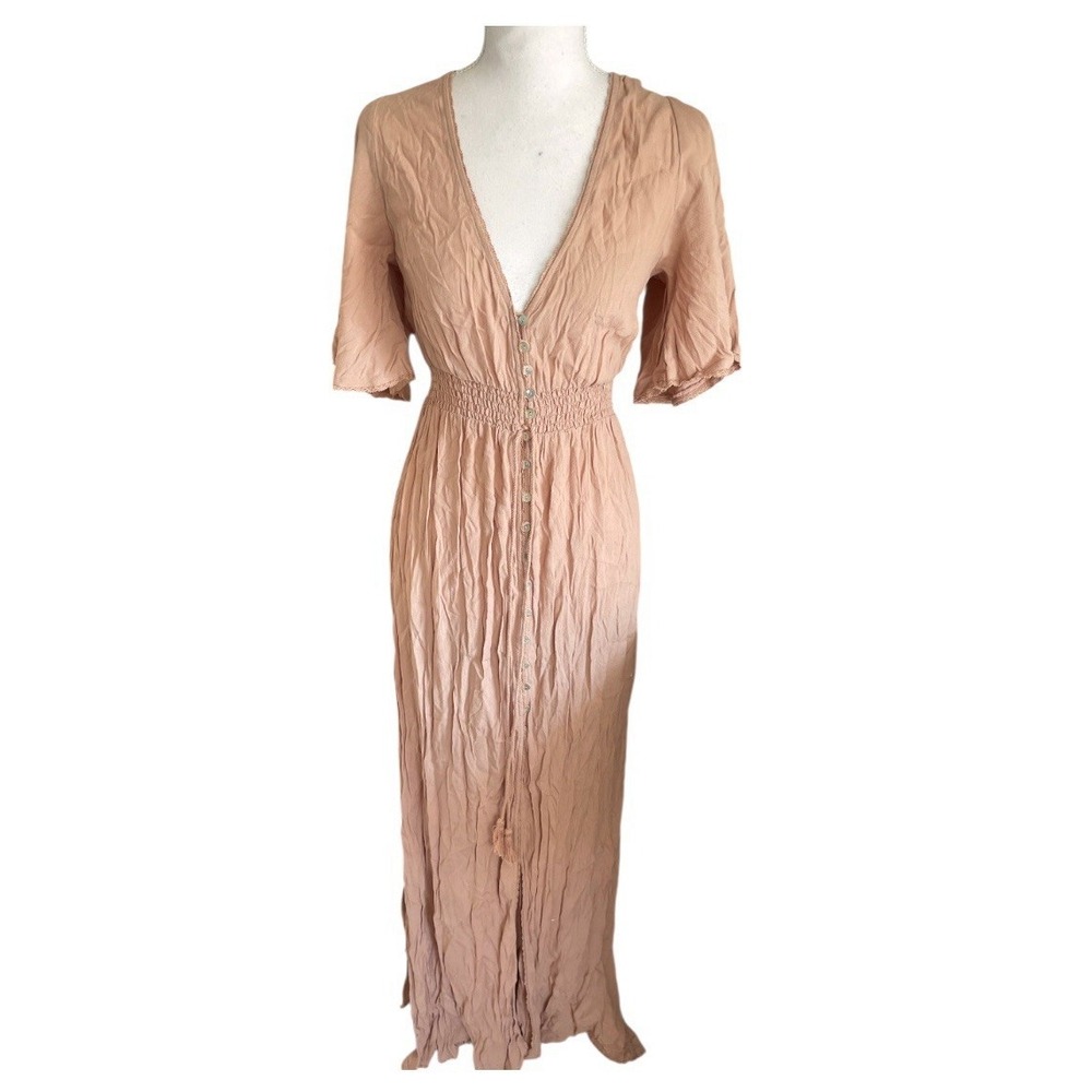 NWT Forever 21 Smocked Peach Maxi Dress Button Detail Cottagecore Prairie Church